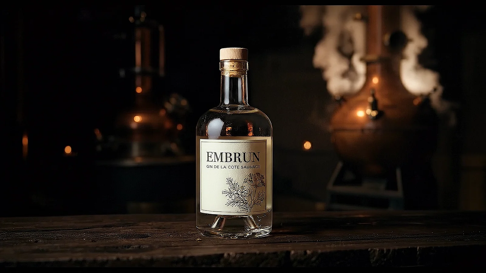 Bouteille de gin EMBRUN posée dans la distillerie, alambics de cuivre
