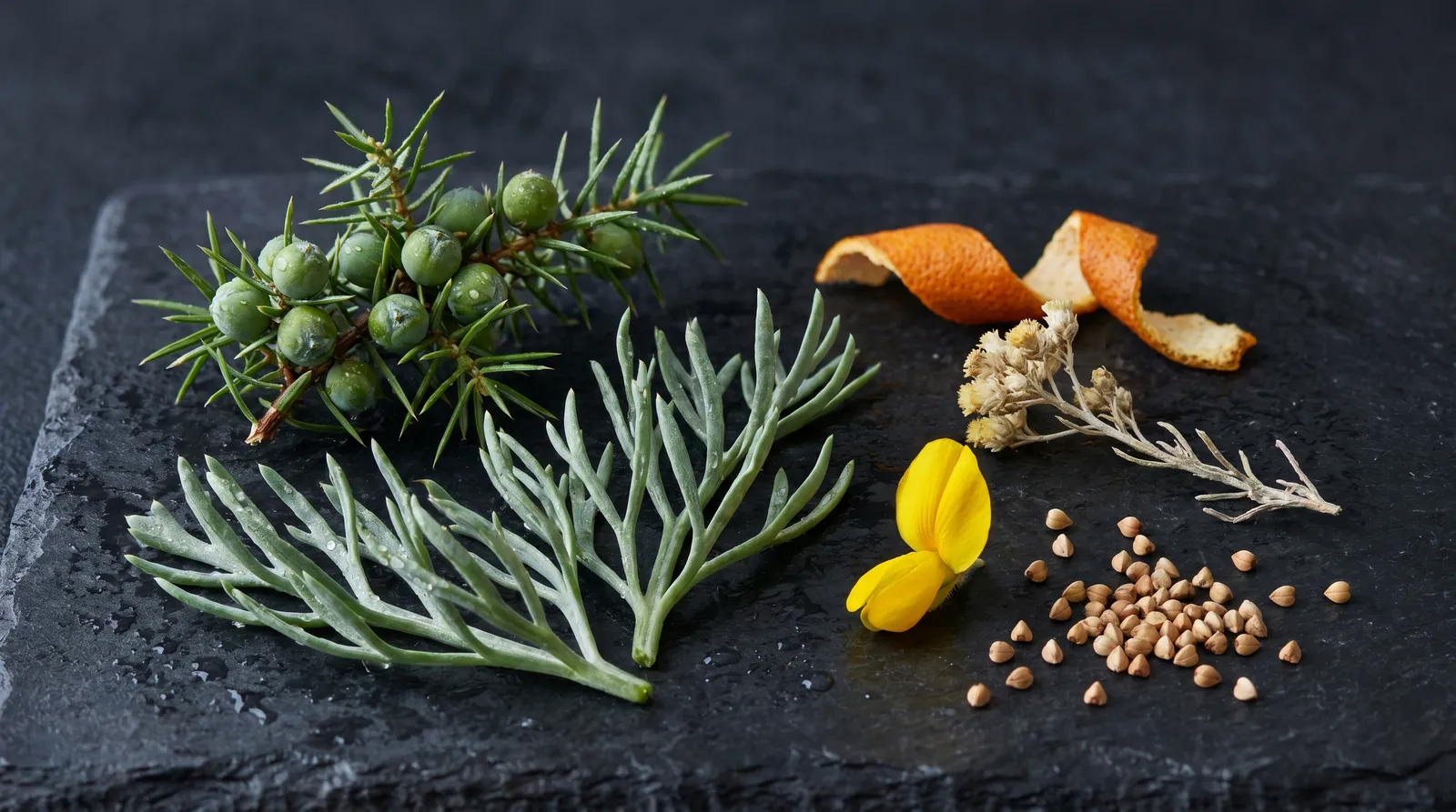 Botaniques du gin EMBRUN sur ardoise : genévrier, criste-marine, ajonc, immortelle, zeste, sarrasin